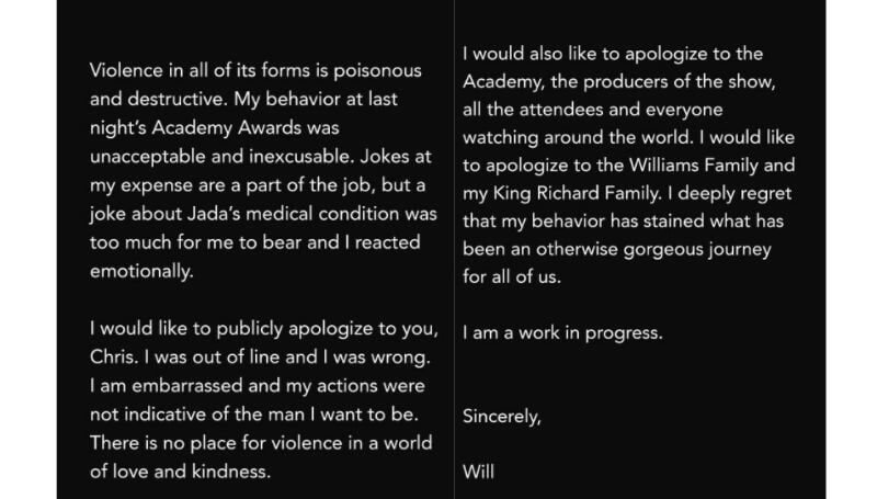 Texto que Will Smith escribió vía Instagram.