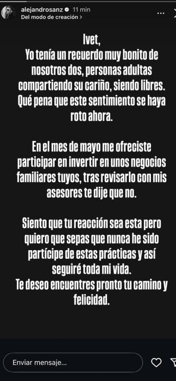 Alejandro Sanz responde a las acusaciones de Ivet Playà