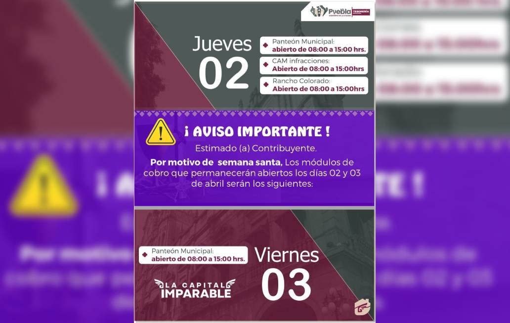 Anuncia Gobierno de la Ciudad de Puebla horarios en cajas de Tesorería por Semana Santa Anuncia Gobierno de la Ciudad de Puebla horarios en cajas de Tesorería por Semana Santa