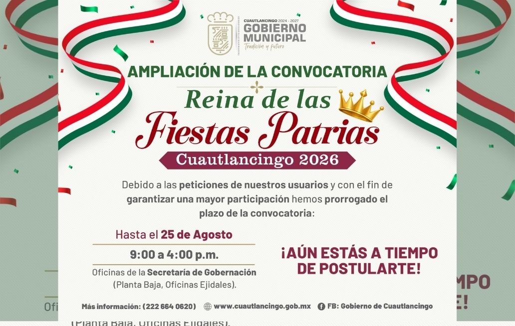 Amplían en Cuautlancingo inscripción para Reina de las Fiestas Patrias 2026 Fiestas patrias