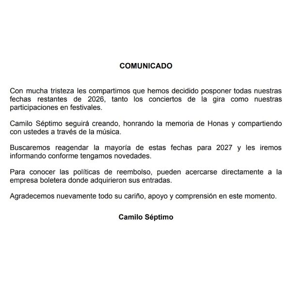 Camilo Séptimo cancela su presentación en Tecate Comuna 2026