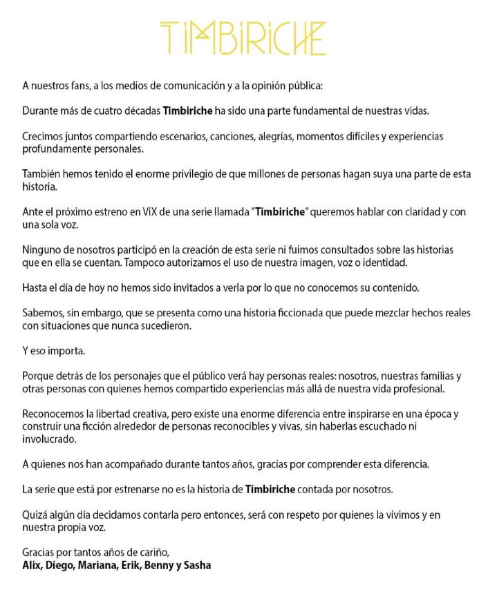 La serie de Timbiriche comunicado